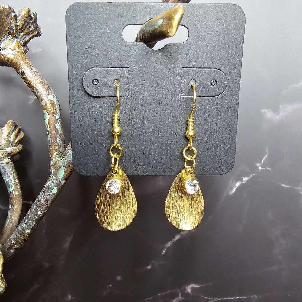 Brushed Brass Teardrop Dangle Earrings with Rhinestone Hypoallergenic Hook